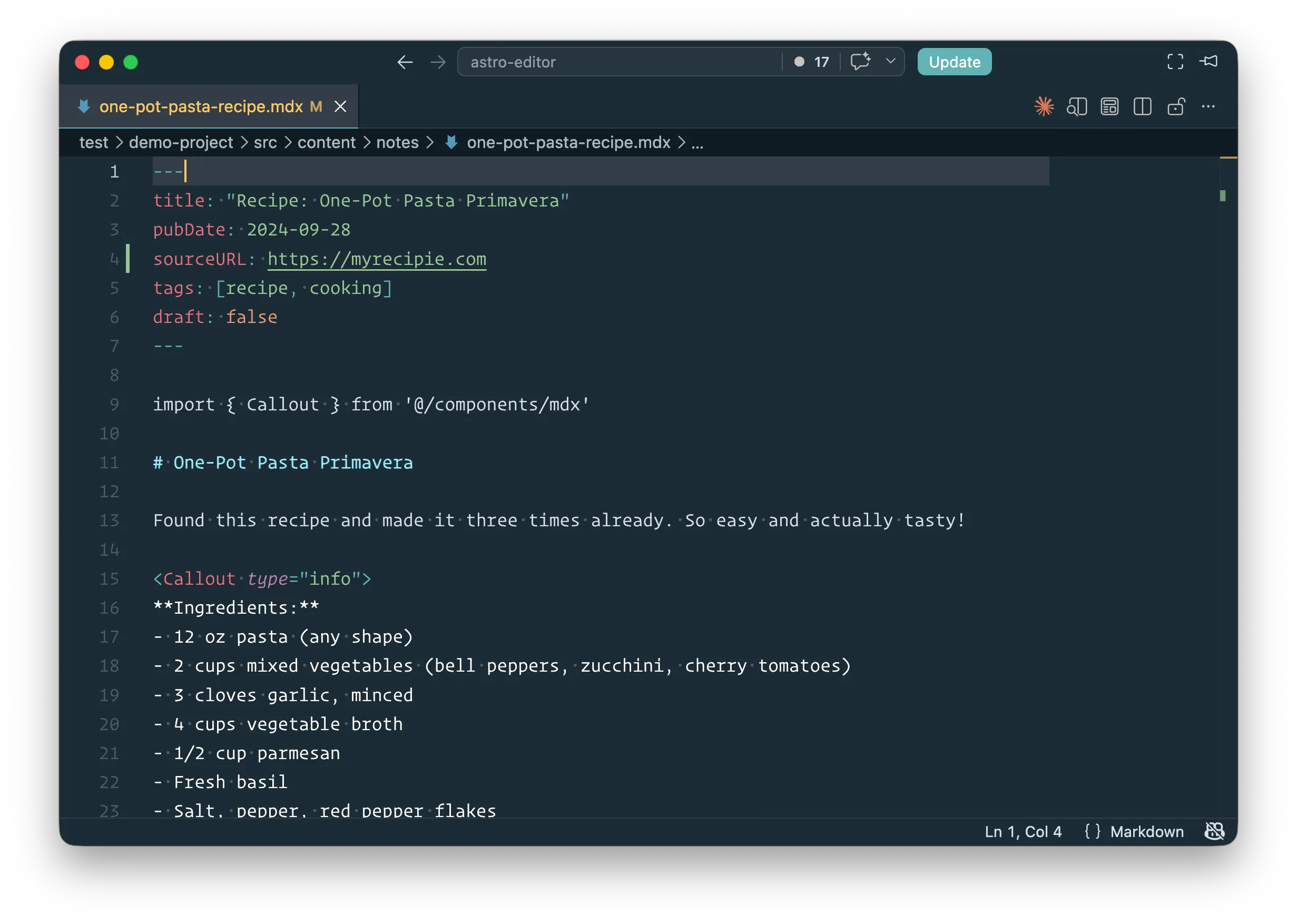 A note open in VSCode, showing YAML frontmatter, an import line, and a sidebar full of non-content project files