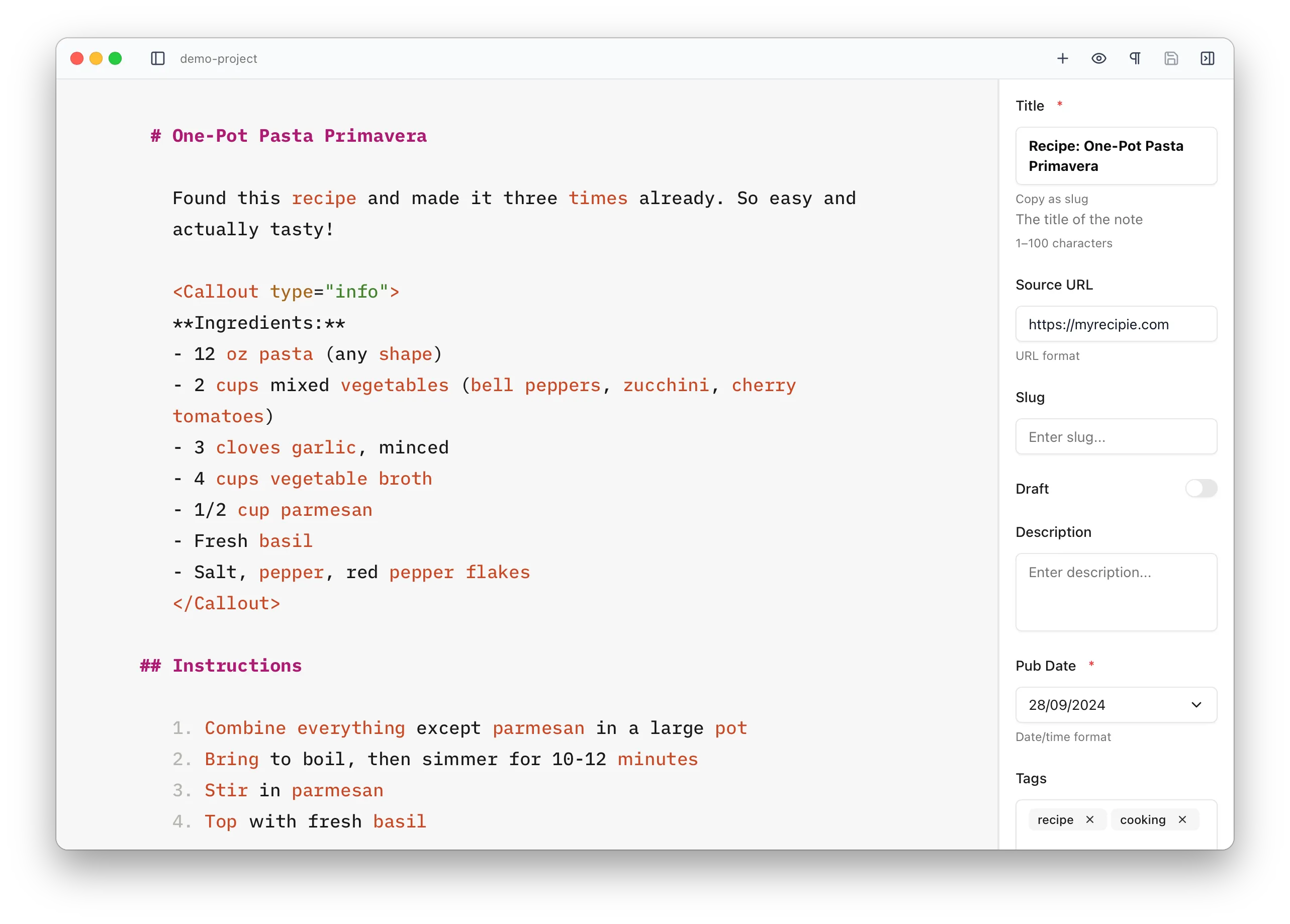 The same note open in Astro Editor, with frontmatter moved to the right sidebar and only content collection items shown in the left sidebar