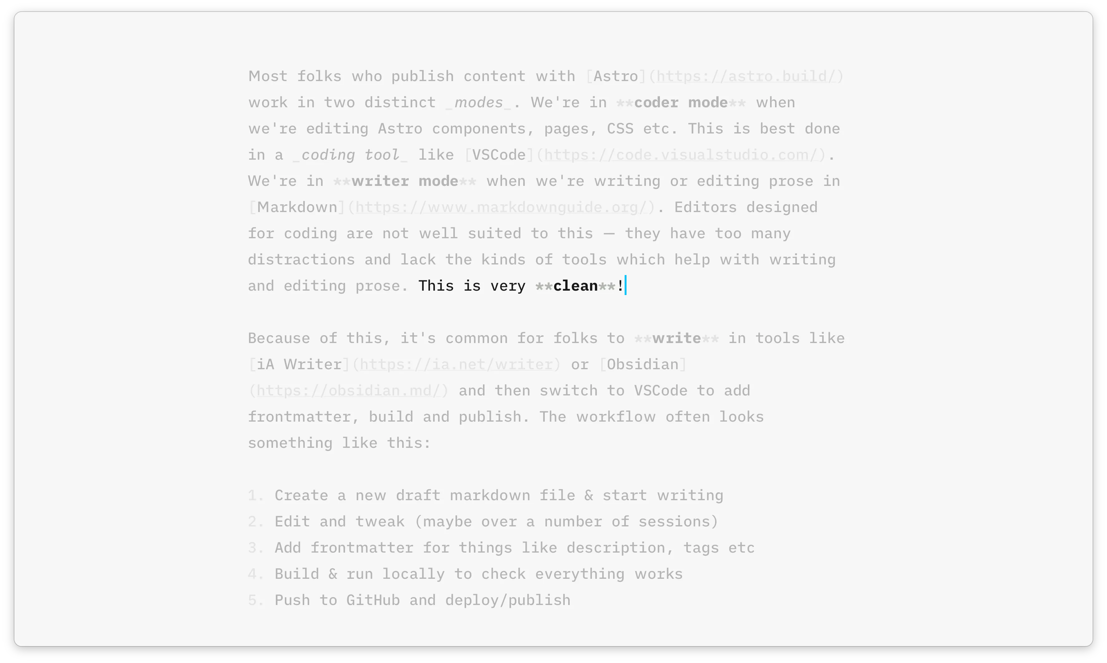 Astro Editor with both sidebars hidden and Focus Mode enabled, showing a minimal, distraction-free writing surface