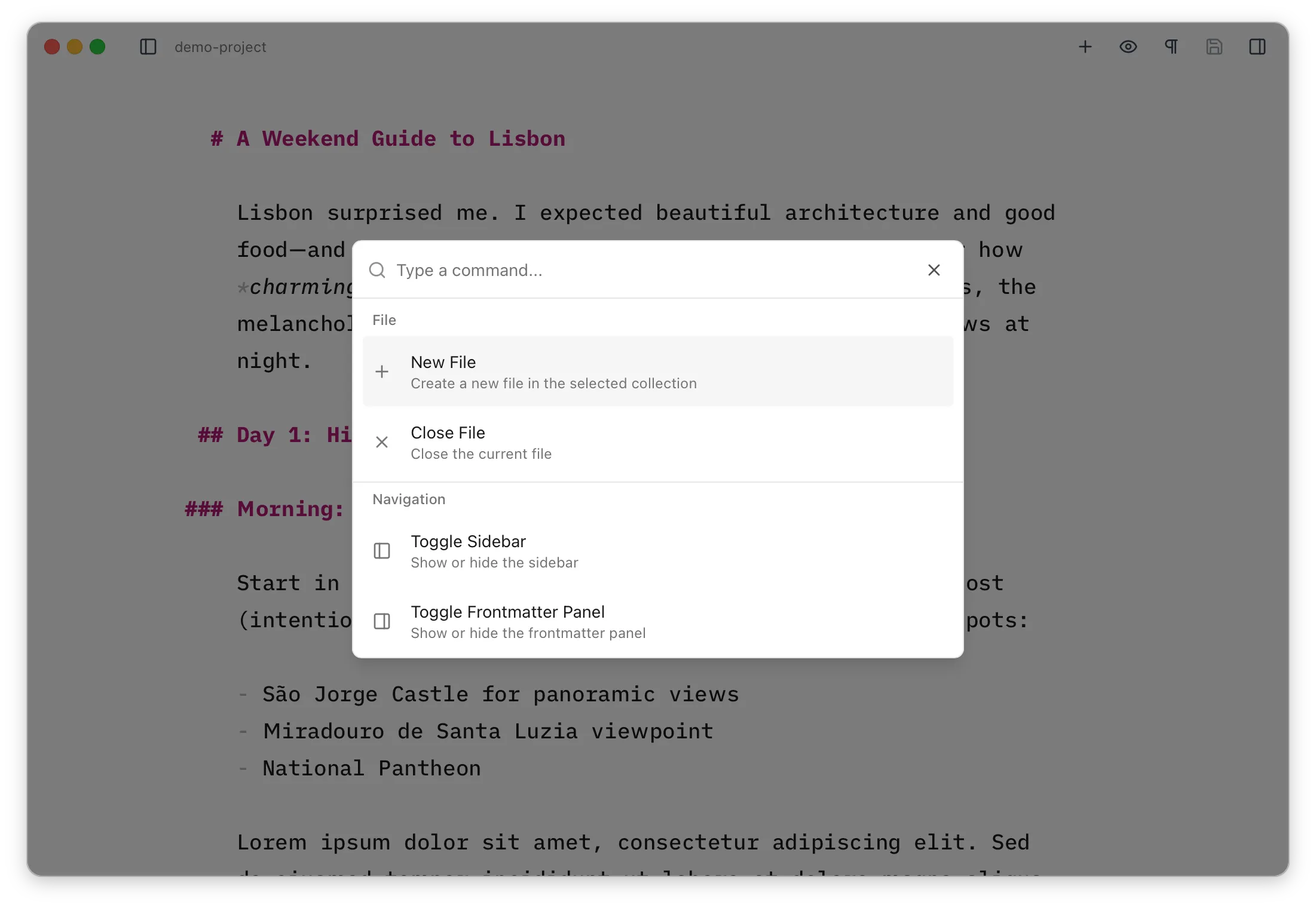 Screenshot of the command palette