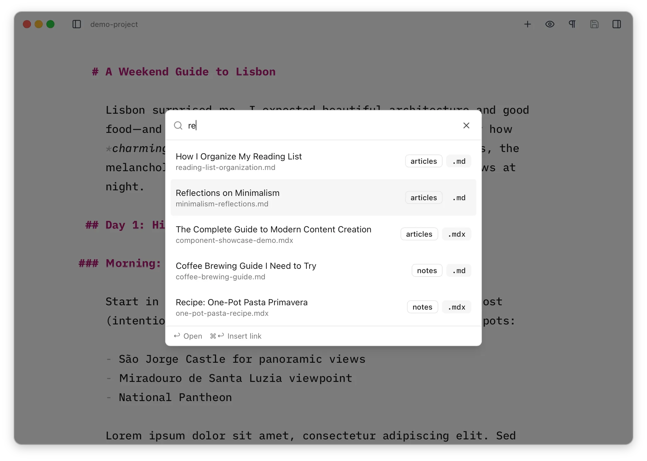 The Content Finder dialog showing a search field and a list of content items to link to