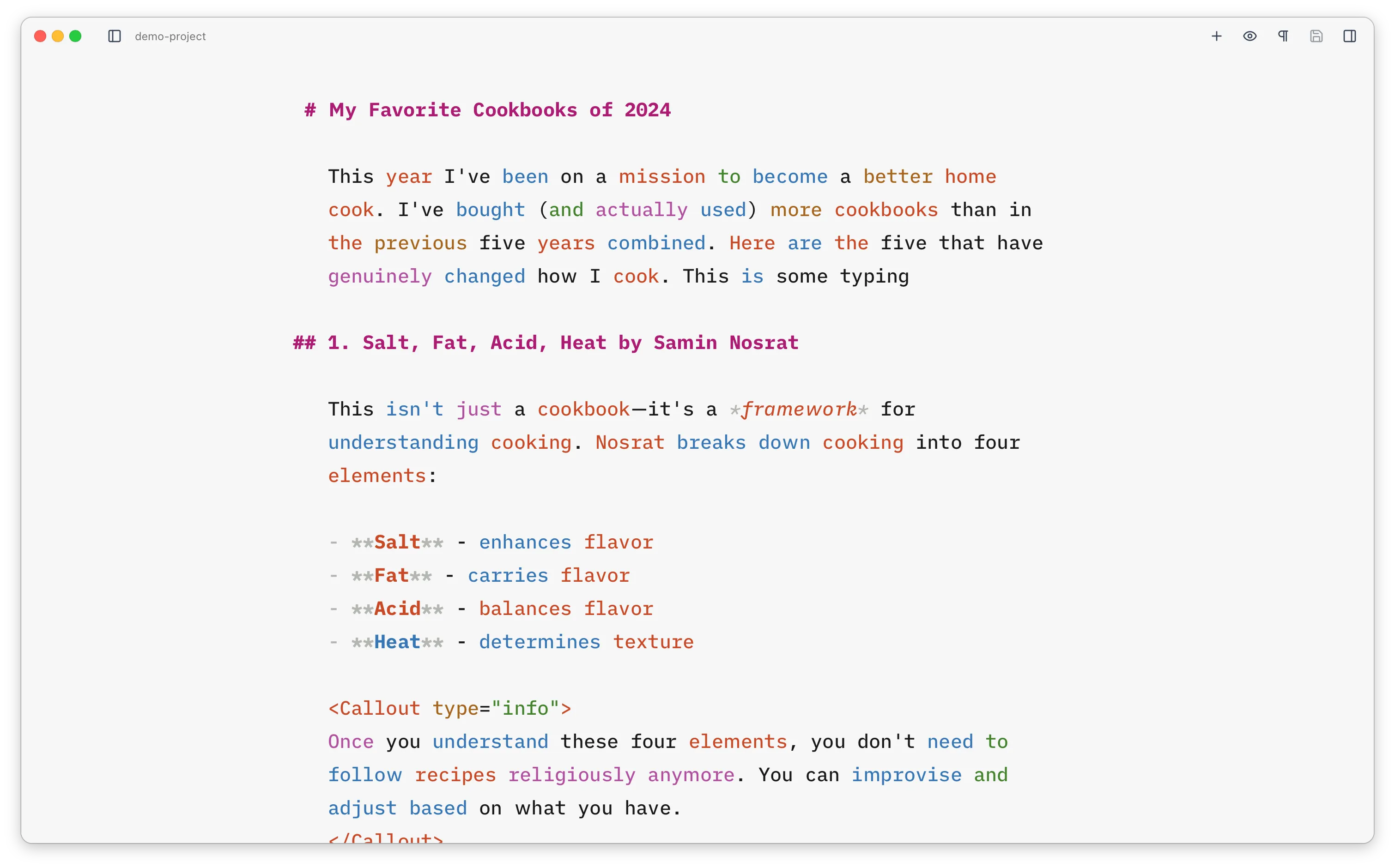 The editor with copyedit highlighting on, colouring different parts of speech