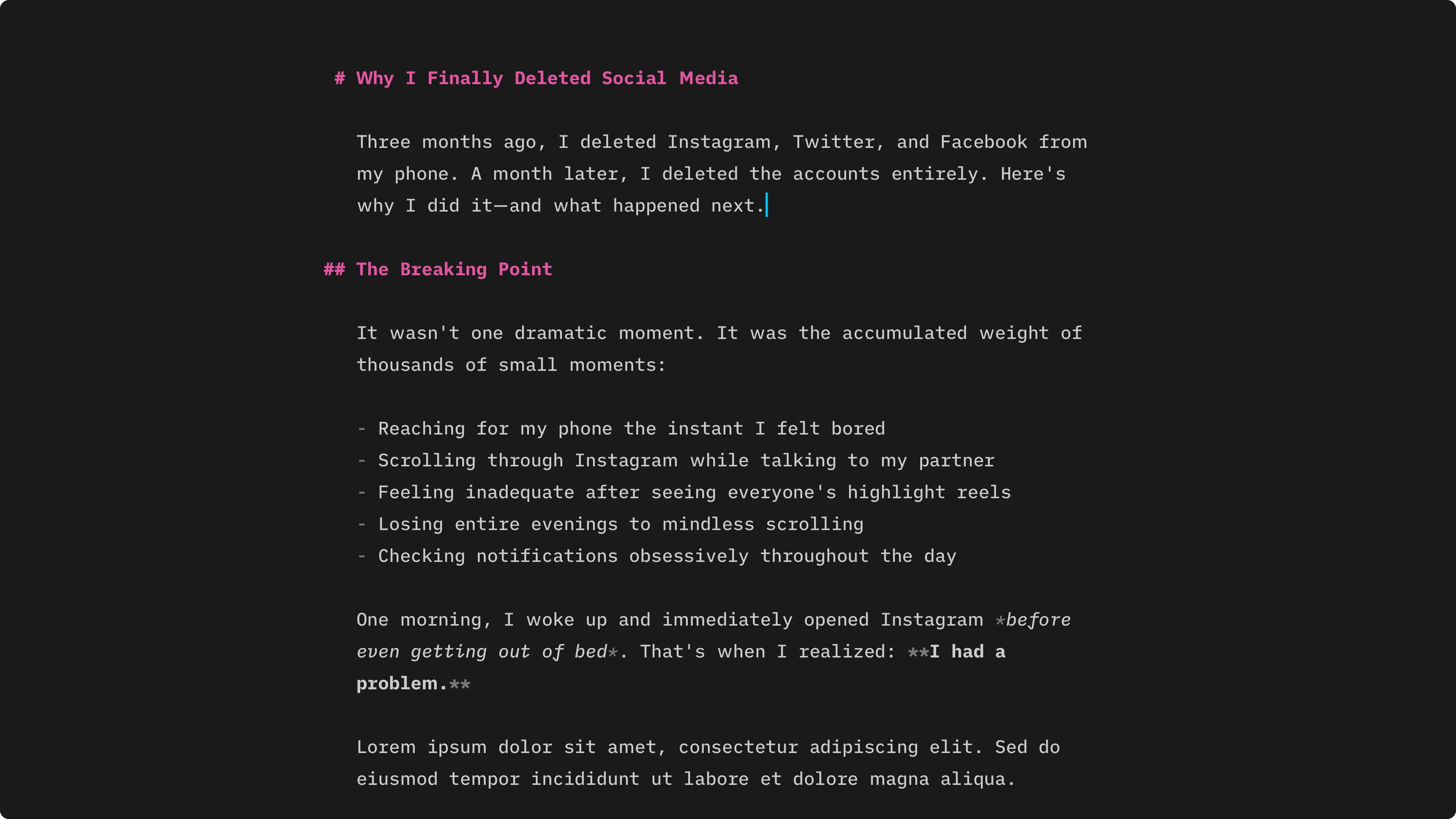 The editor in dark mode, with typography and colours adjusted for a dark background