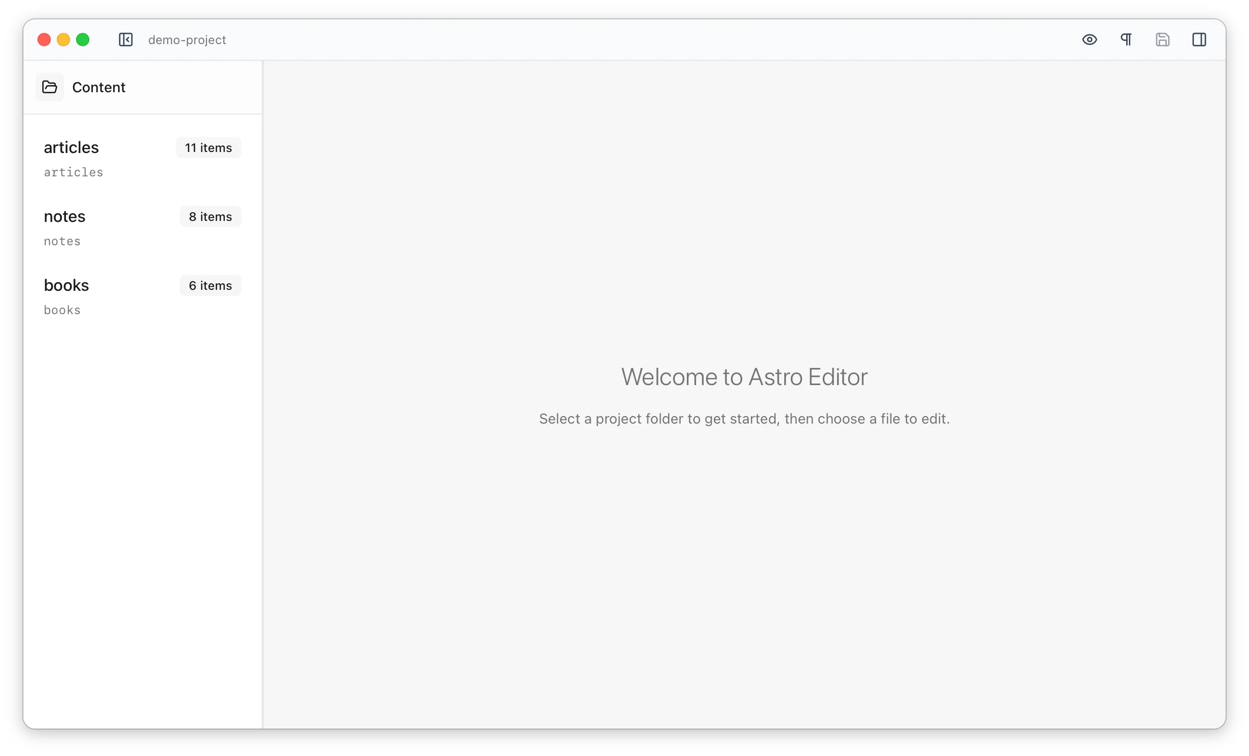 The left sidebar listing the content collections found in an open Astro project