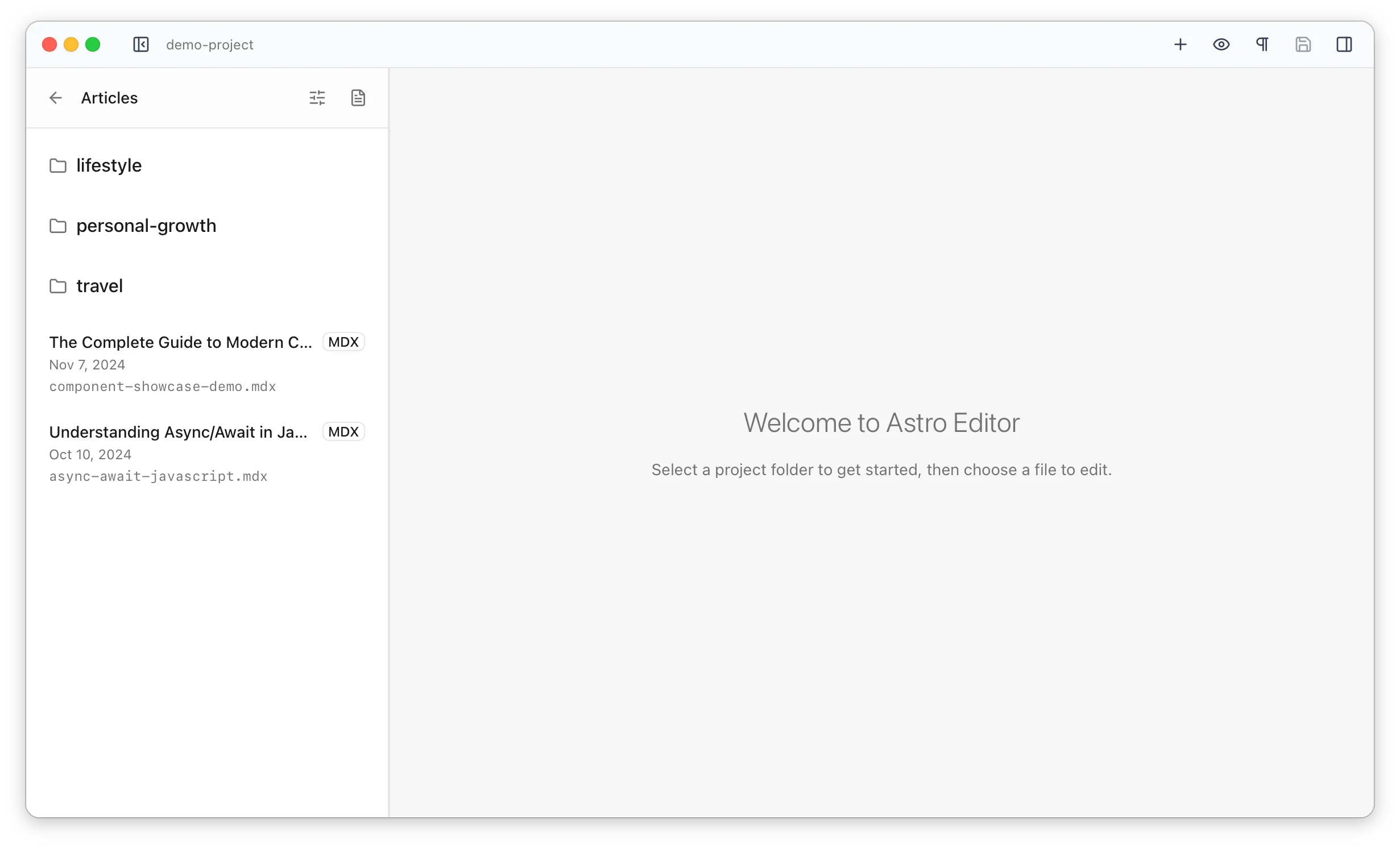 The sidebar showing the markdown files inside a collection, with a subdirectory listed above them