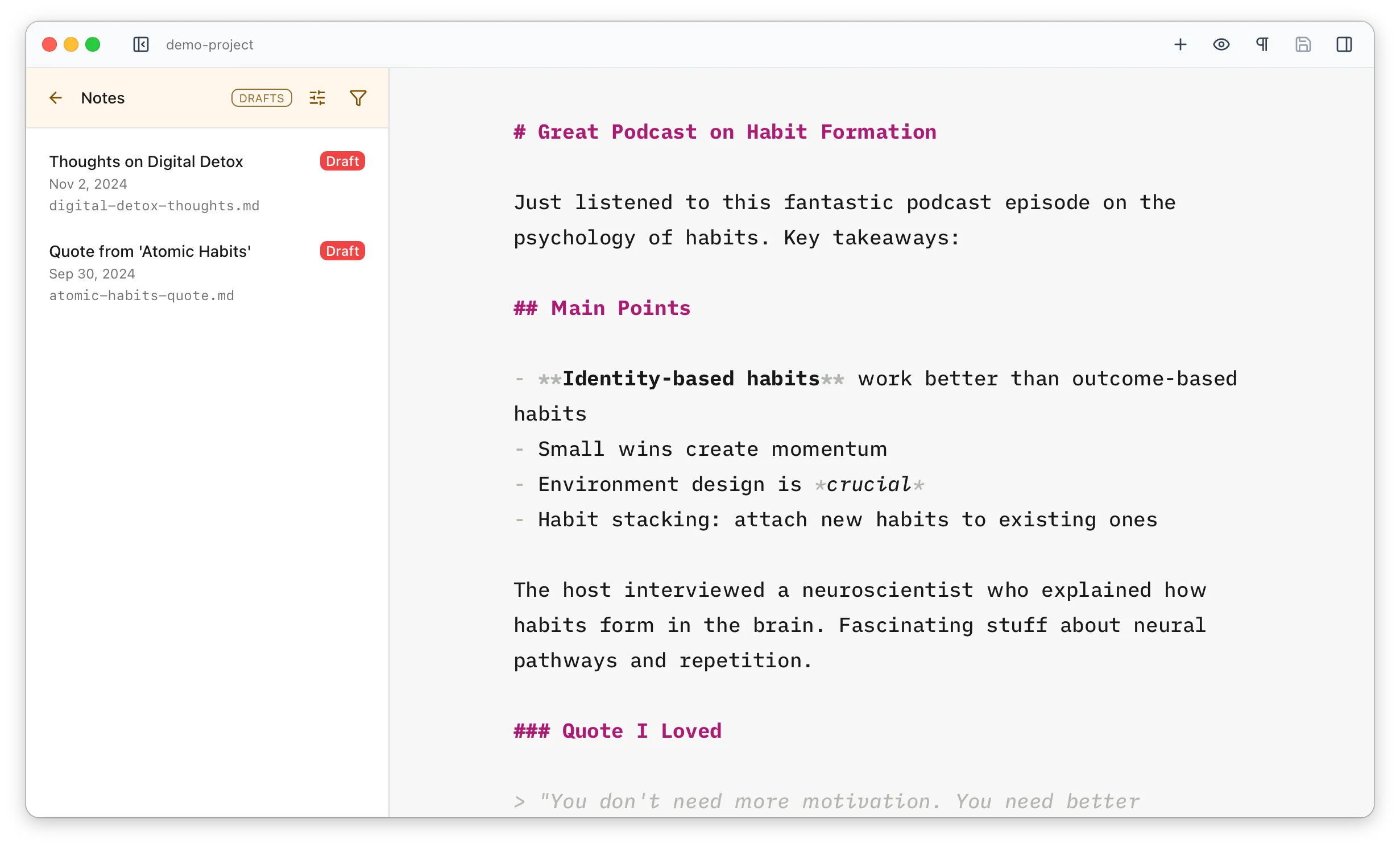 The file list filtered to show only draft files, with the sidebar header highlighted