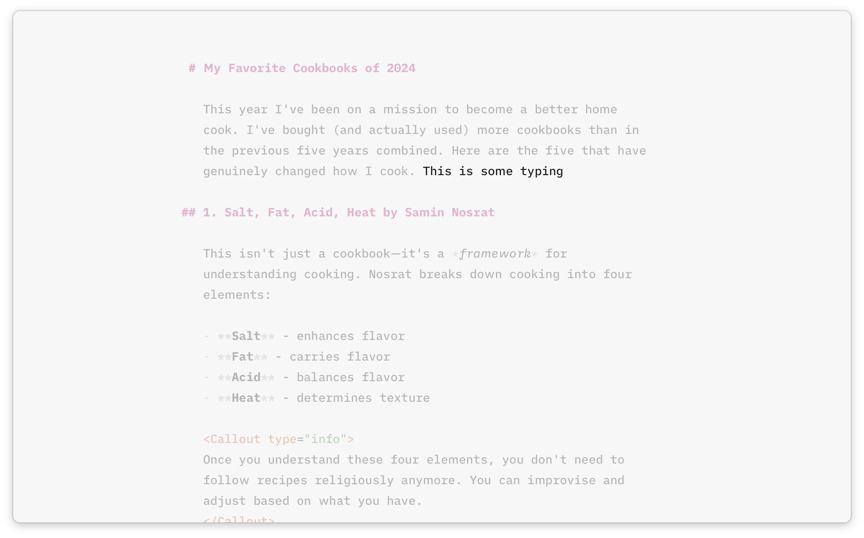 The editor with focus mode on, dimming every sentence except the one being edited
