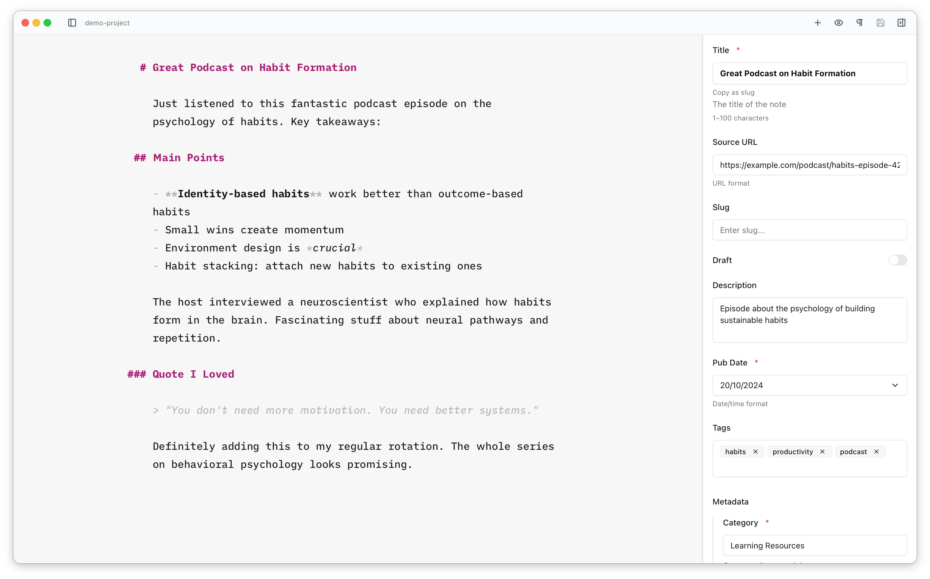 The frontmatter sidebar showing a generated form with fields for a post's metadata