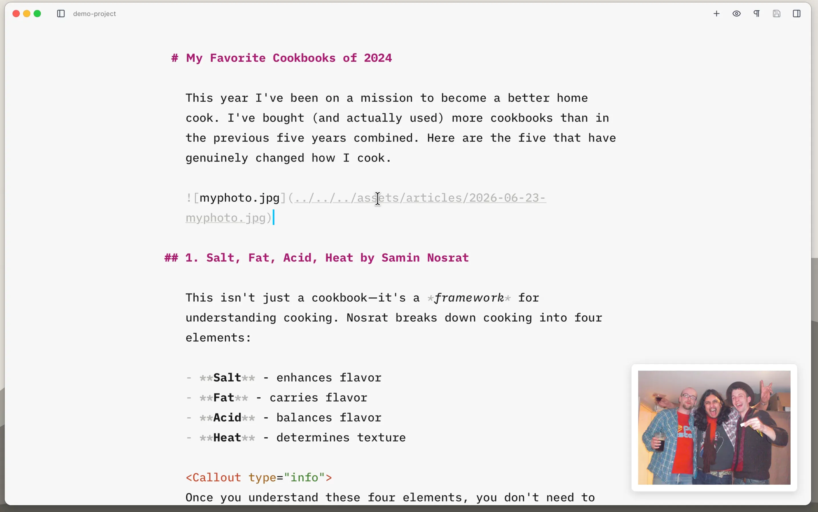 A hovered image path showing a preview popover in the bottom-right corner of the editor