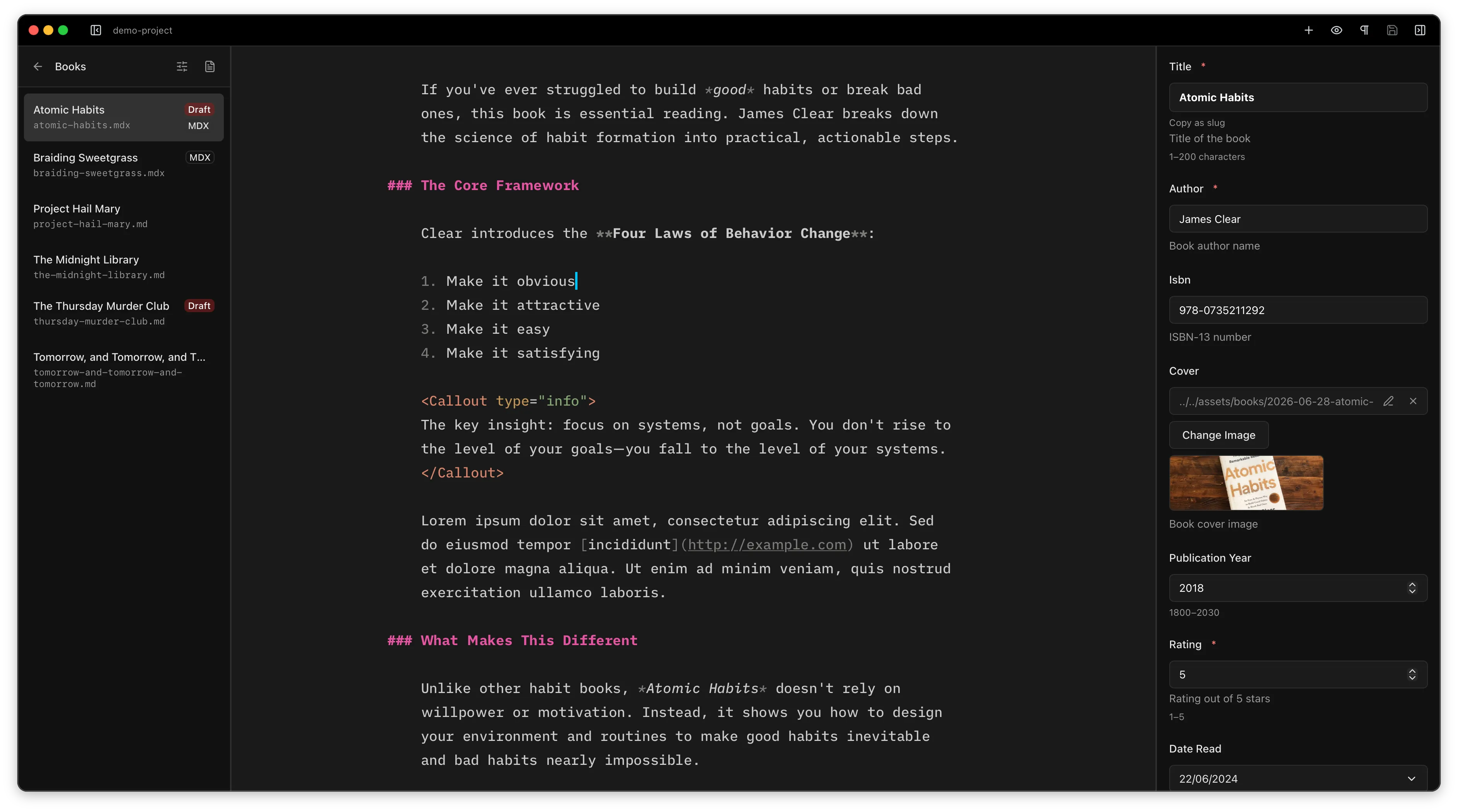 The same Astro Editor window shown in light and dark themes.