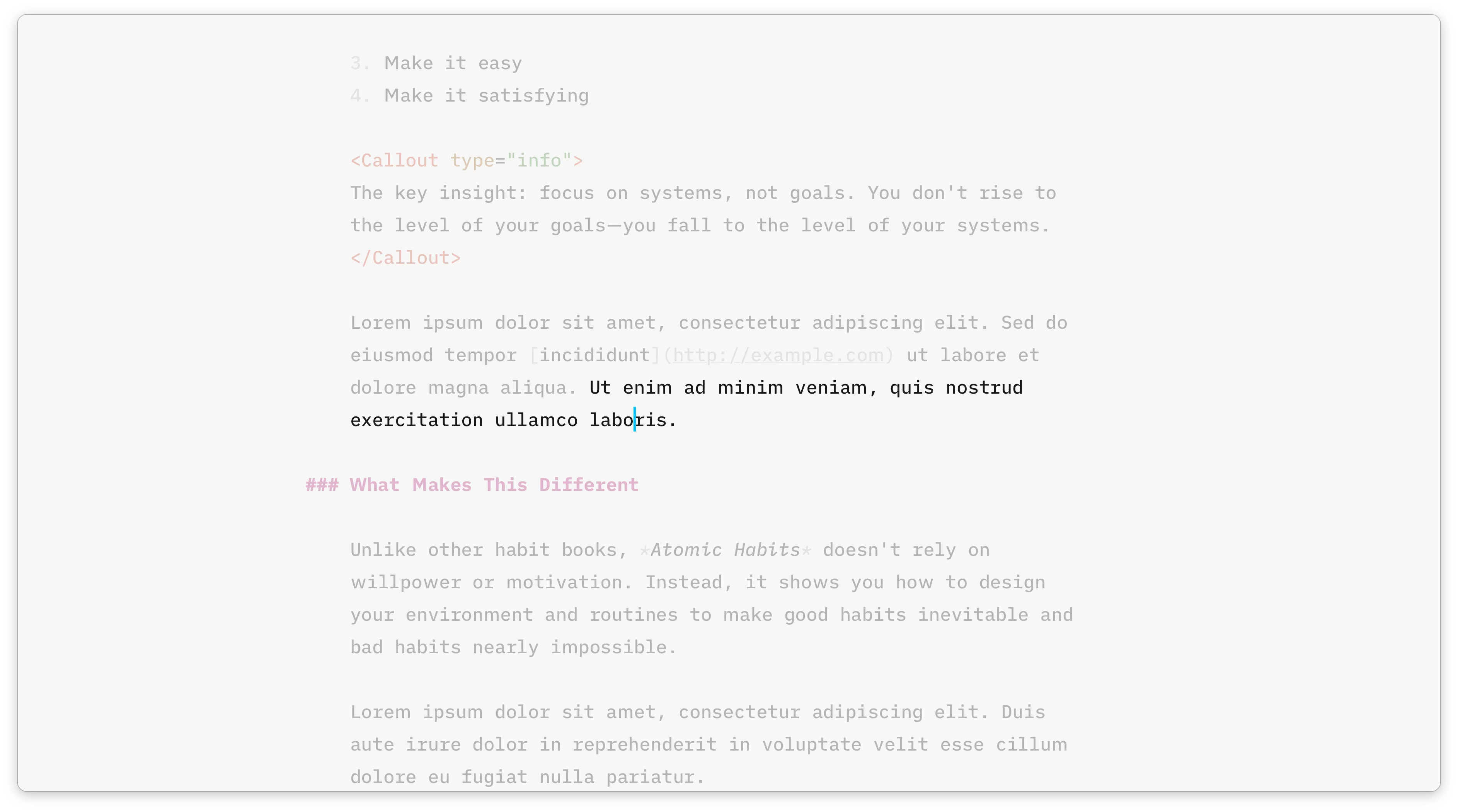Astro Editor in distraction-free mode: both sidebars and the toolbar hidden, with focus mode dimming everything but the current line.