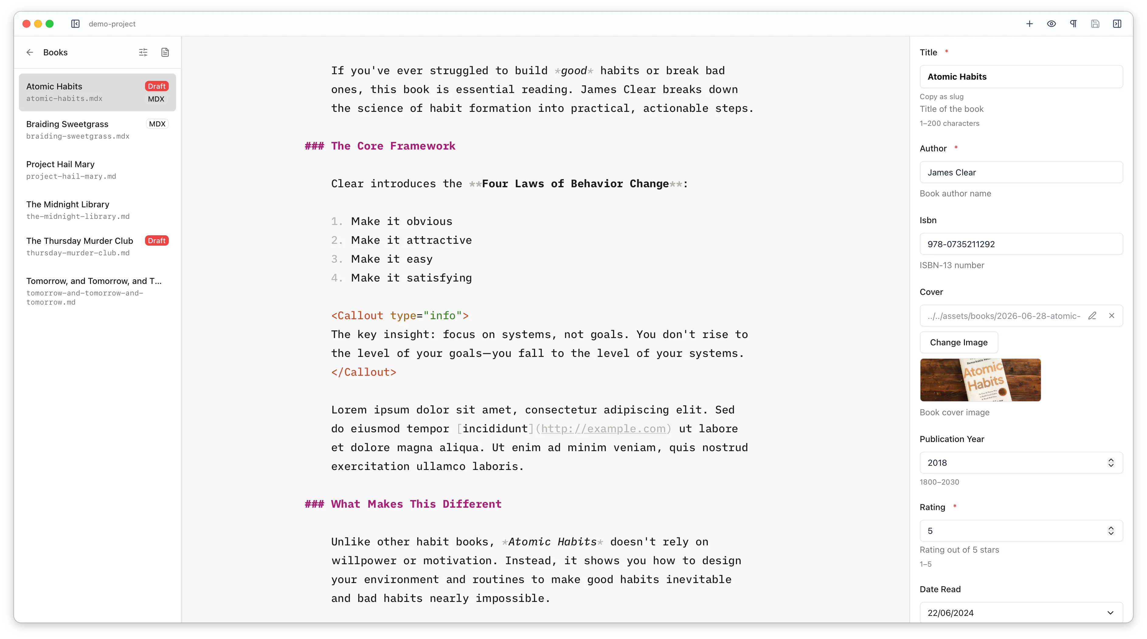The same file open in Astro Editor: a file list on the left, a schema-aware frontmatter form with a cover image on the right, and clean prose in the middle.