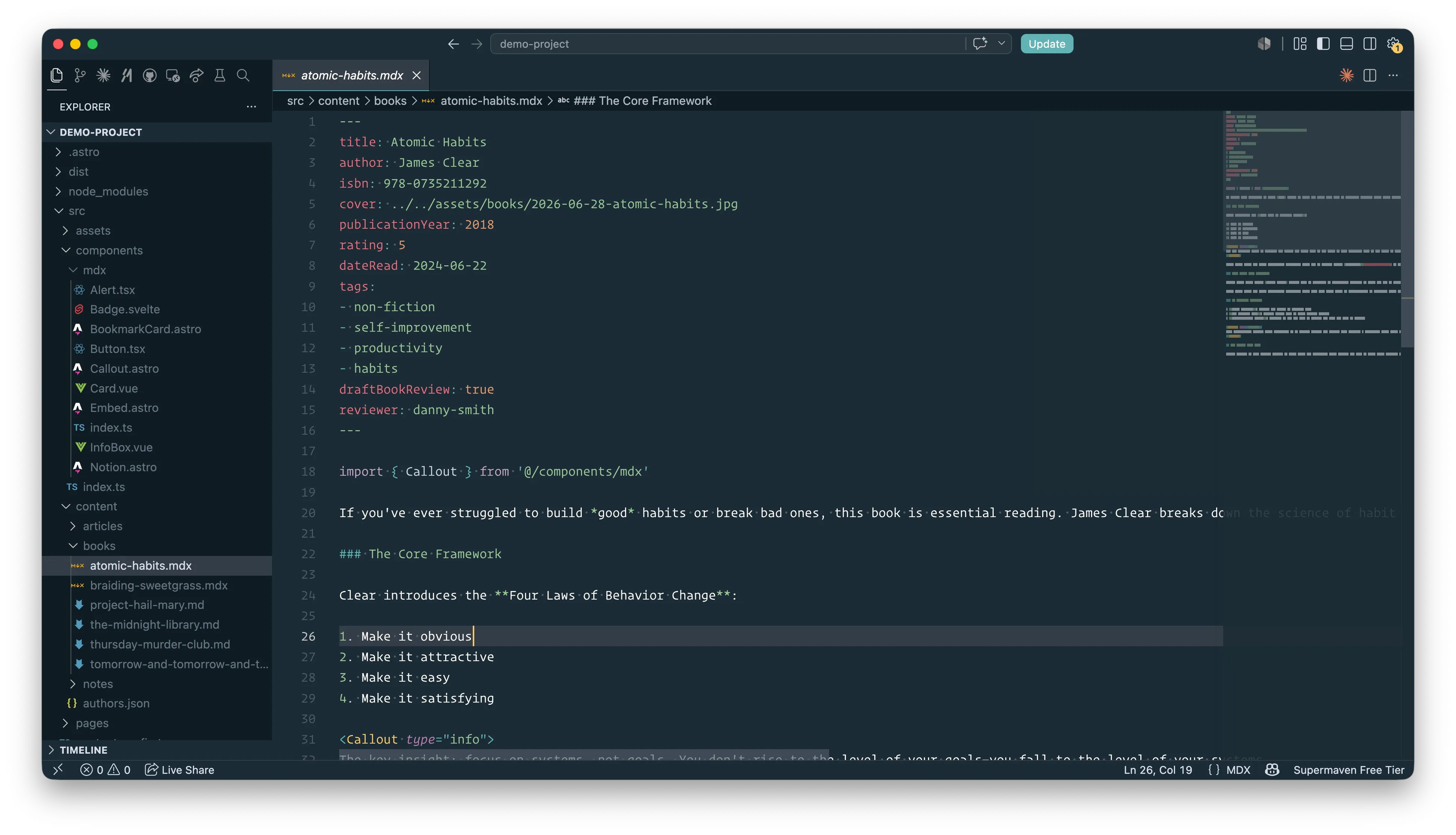 The same content file open in VS Code — a wall of raw YAML frontmatter above the prose, surrounded by editor chrome.