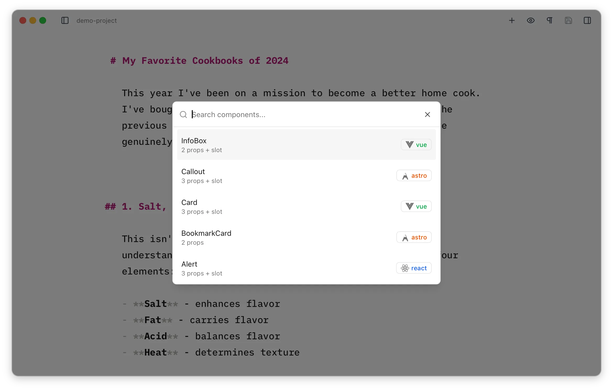 The MDX component builder palette listing the available components, each with a framework badge