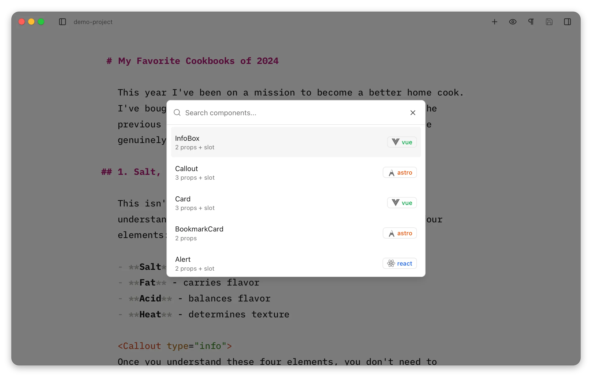 Astro Editor's component inserter open over an MDX file, listing components including InfoBox (Vue), Callout (Astro), Card (Vue), BookmarkCard (Astro) and Alert (React).