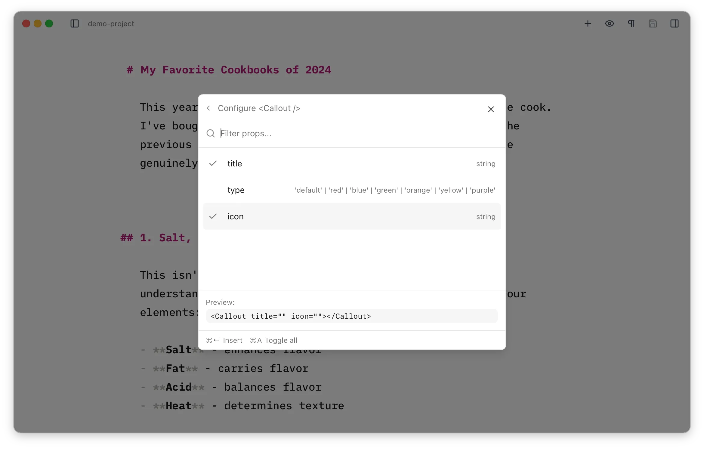 The component builder's configuration step showing a component's props, their types, and a preview of the code to be inserted