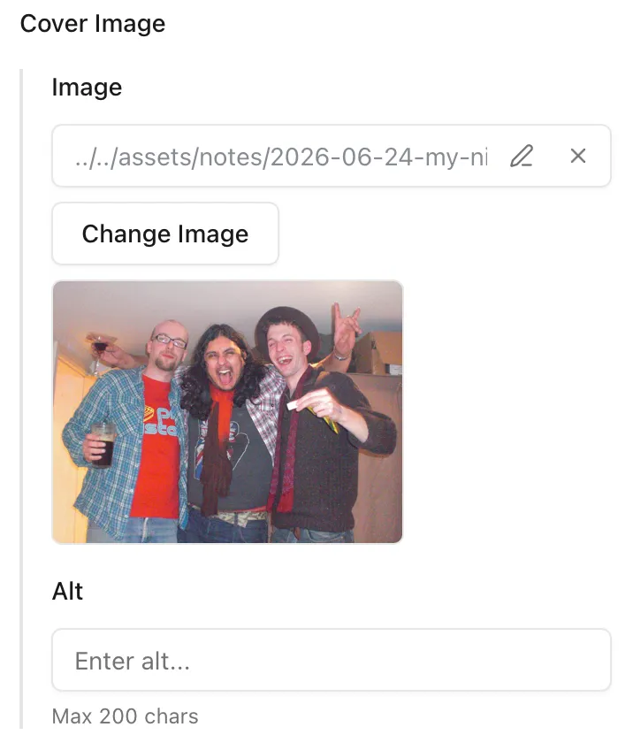An image field in the frontmatter sidebar showing a thumbnail preview above the image path, with edit and clear buttons