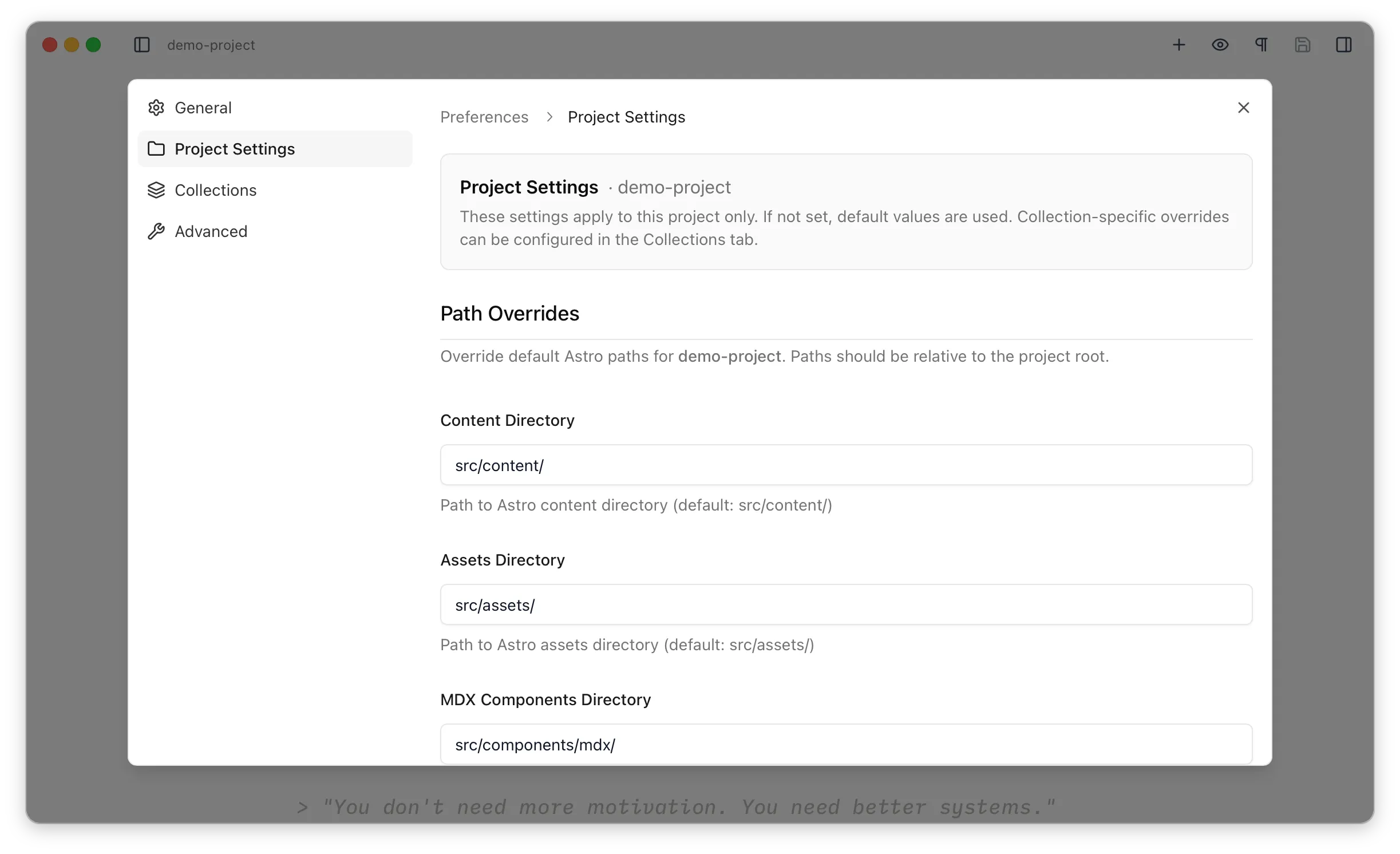The Project Settings preferences pane