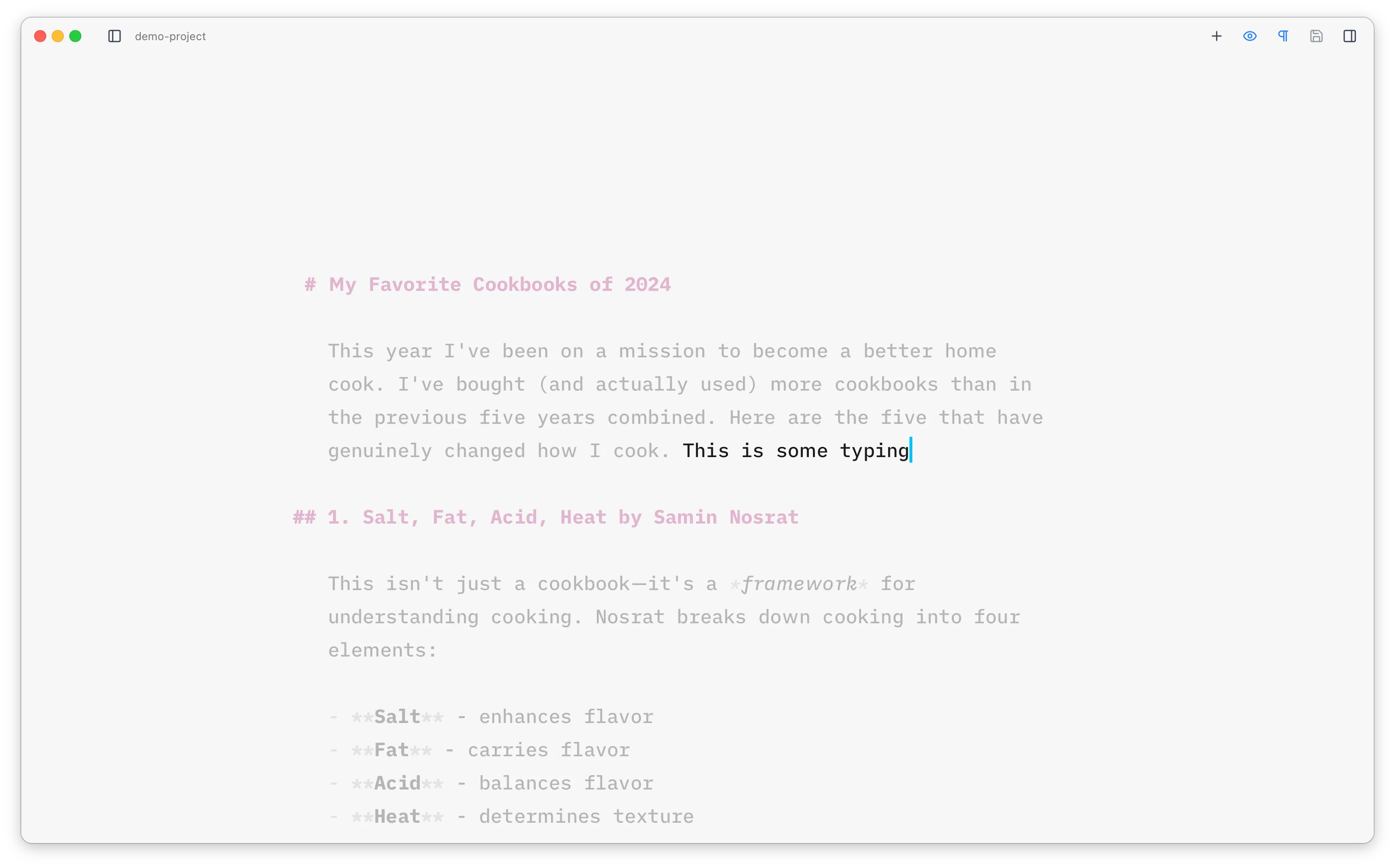 The editor with typewriter mode on, keeping the current line centred in the window