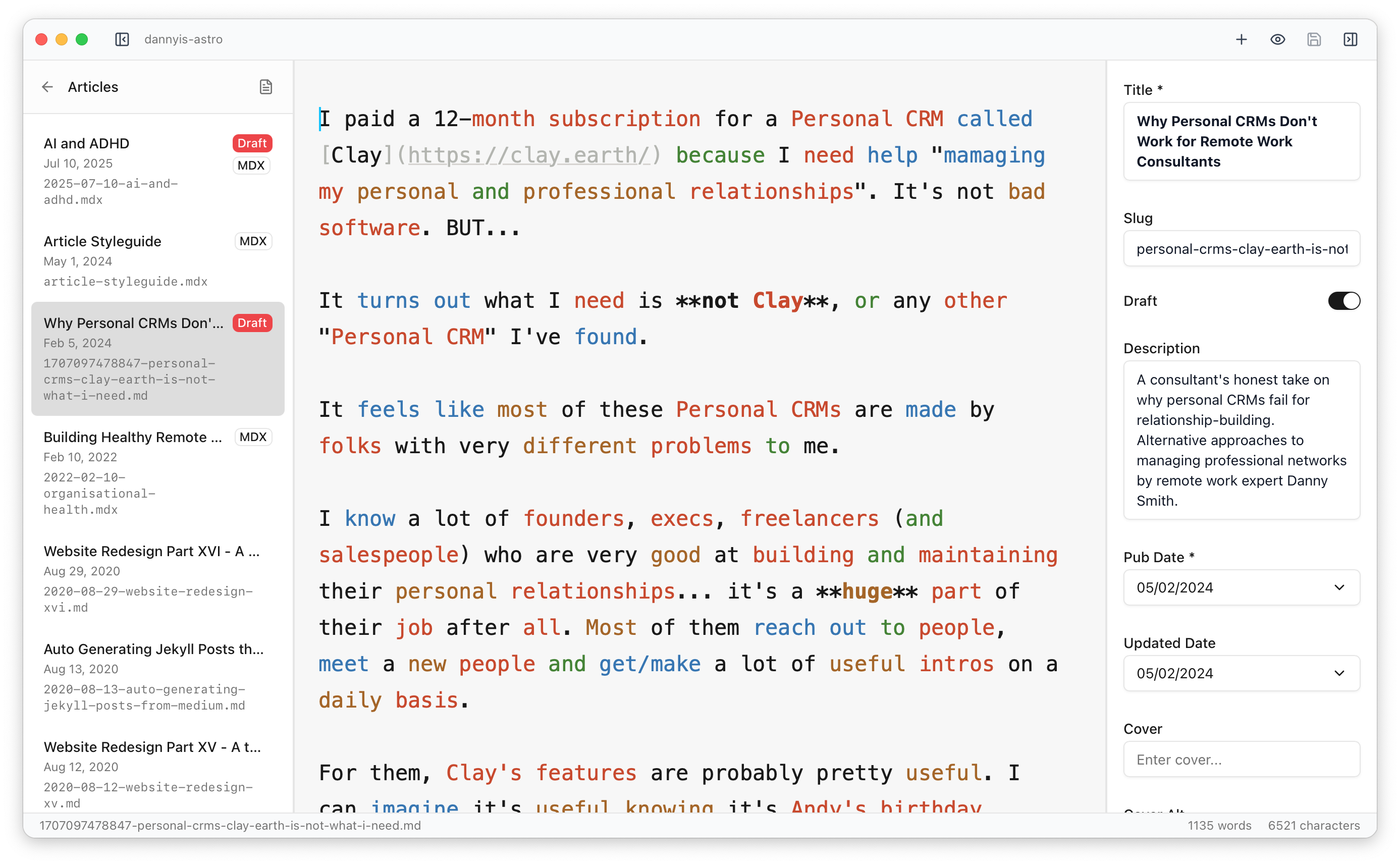 Editor with copyedit highlighting showing different parts of speech in colors