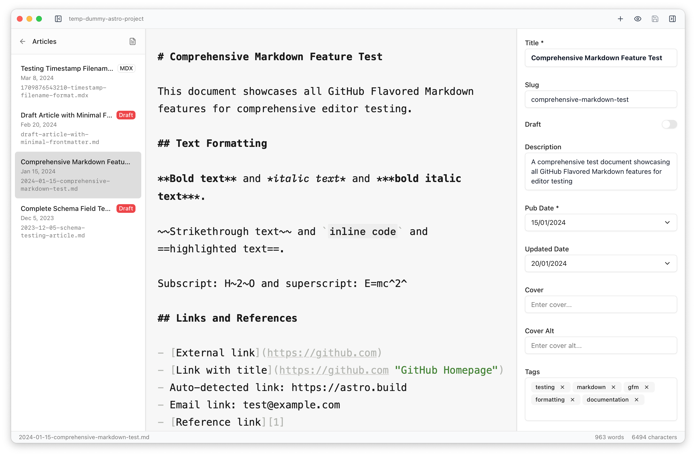 Astro Editor interface showing file sidebar, markdown editor, and schema-aware frontmatter forms